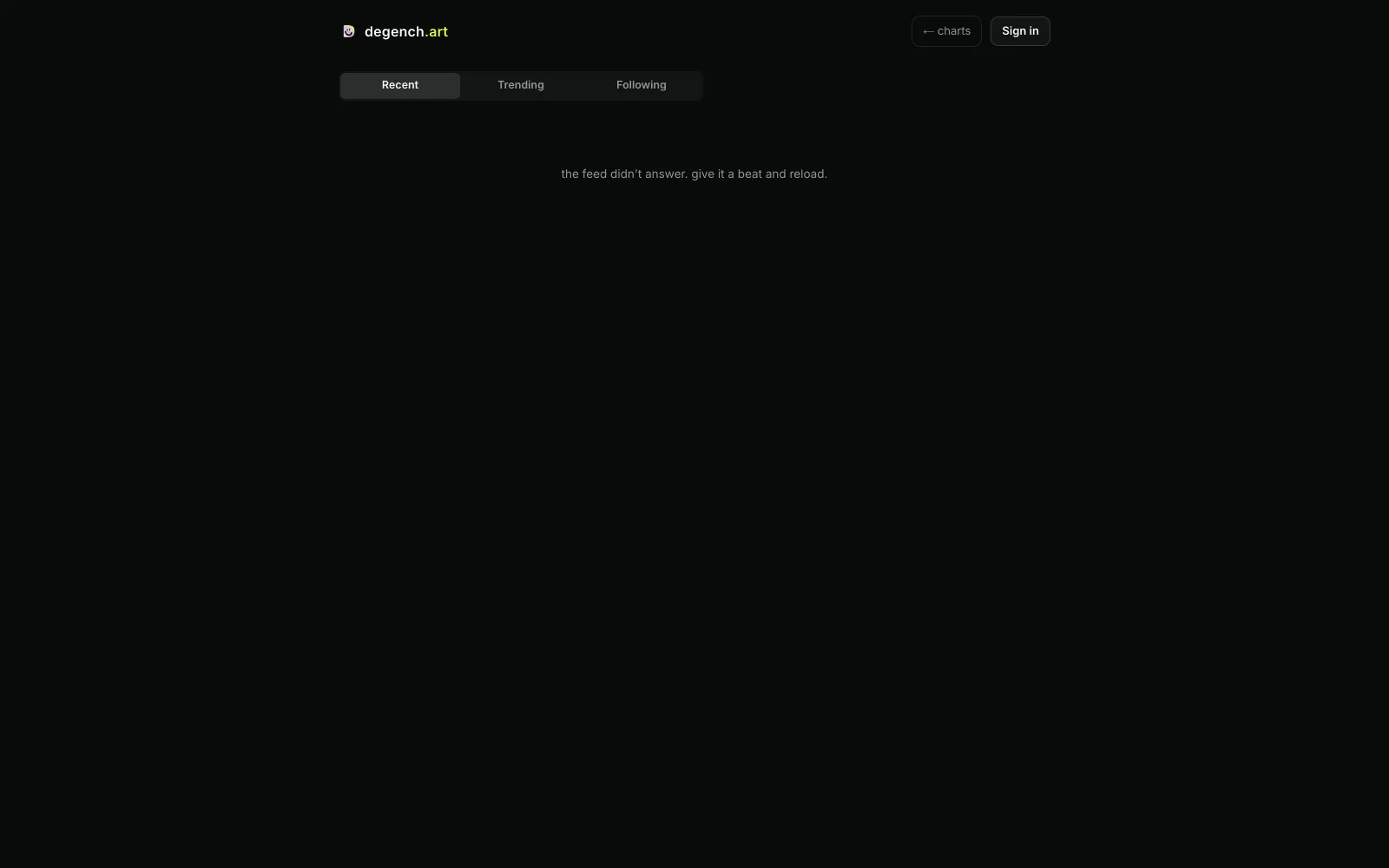 The degench.art feed with recent, trending and following tabs